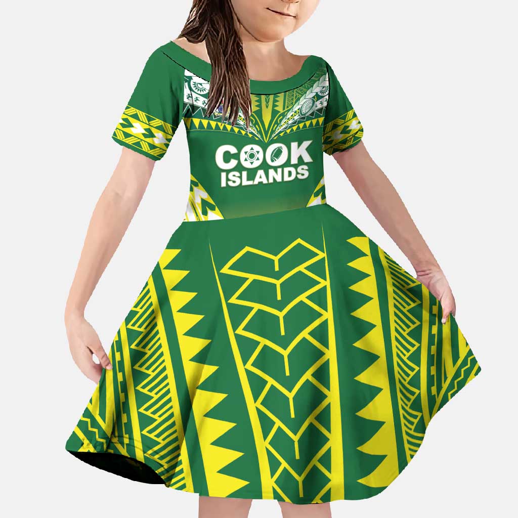 Cook Islands Rugby Custom Family Matching Long Sleeve Bodycon Dress and Hawaiian Shirt The Kukis Go Champions LT05 Daughter's Dress Green - Polynesian Pride