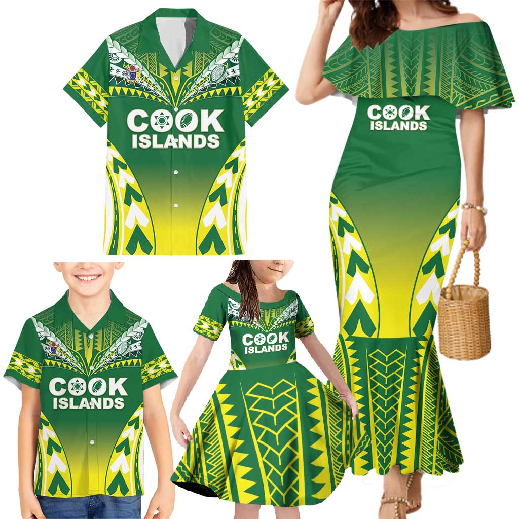 Cook Islands Rugby Custom Family Matching Mermaid Dress and Hawaiian Shirt The Kukis Go Champions