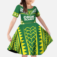 Cook Islands Rugby Custom Family Matching Off The Shoulder Long Sleeve Dress and Hawaiian Shirt The Kukis Go Champions LT05 Daughter's Dress Green - Polynesian Pride