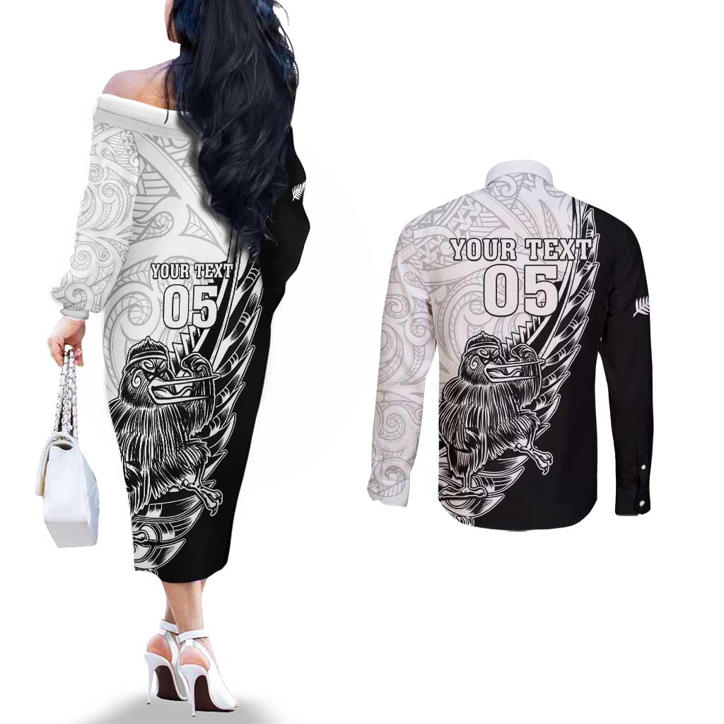 New Zealand Kiwi Rugby Custom Couples Matching Off The Shoulder Long Sleeve Dress and Long Sleeve Button Shirt Go Champions Maori Pattern