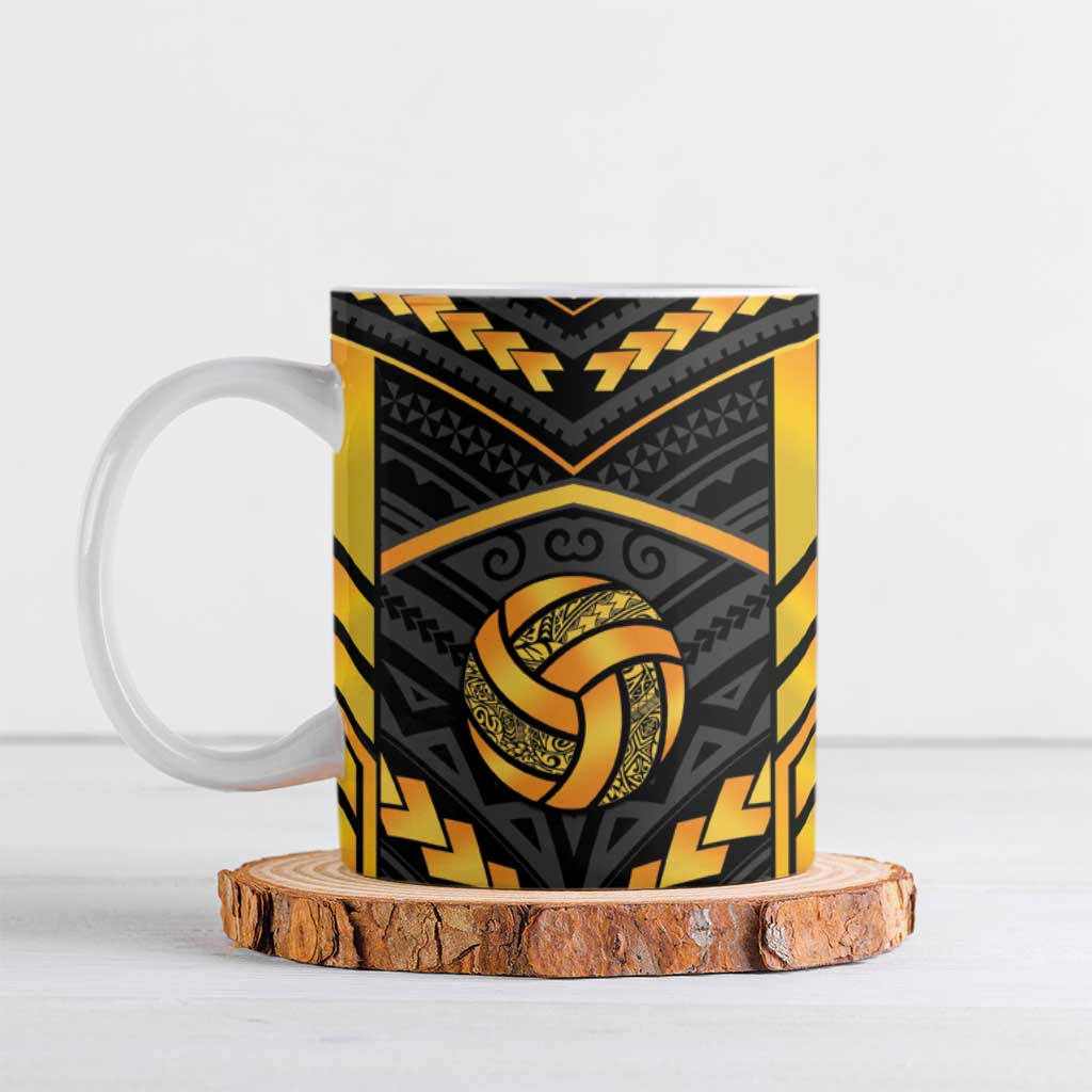 Custom Polynesia Beach Volleyball Ceramic Mug Gold Polynesian Tribal Pattern - Polynesian Pride