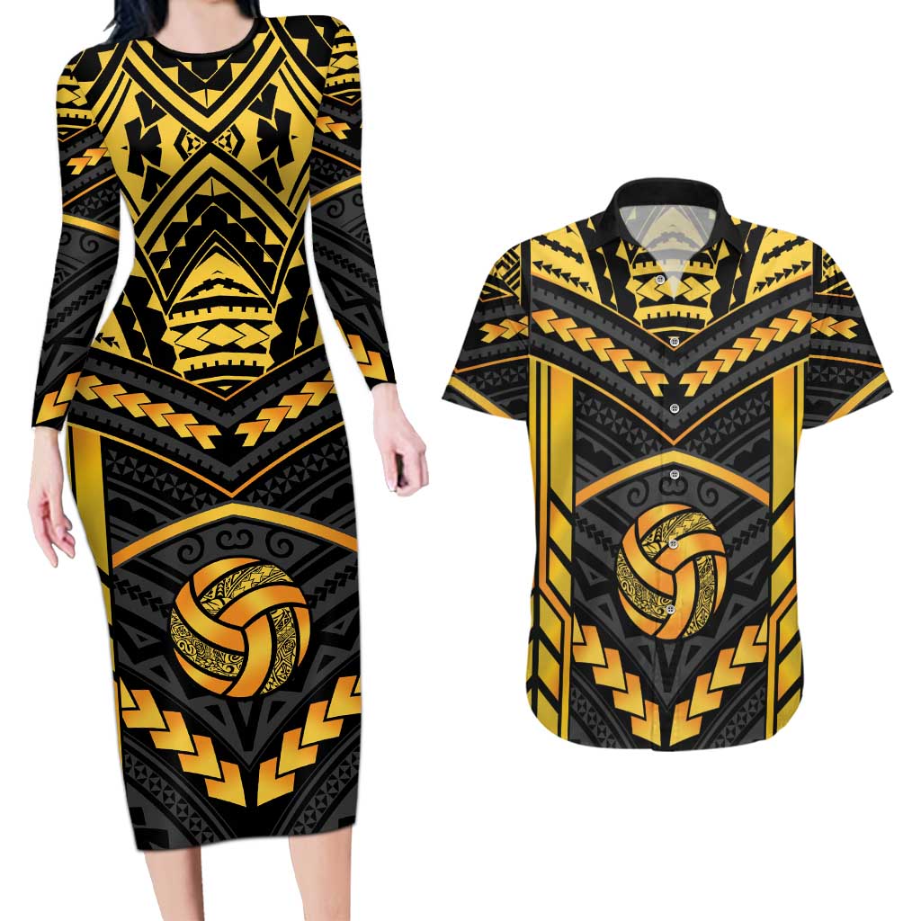 Custom Polynesia Beach Volleyball Couples Matching Long Sleeve Bodycon Dress and Hawaiian Shirt Gold Polynesian Tribal Pattern LT05 Gold - Polynesian Pride
