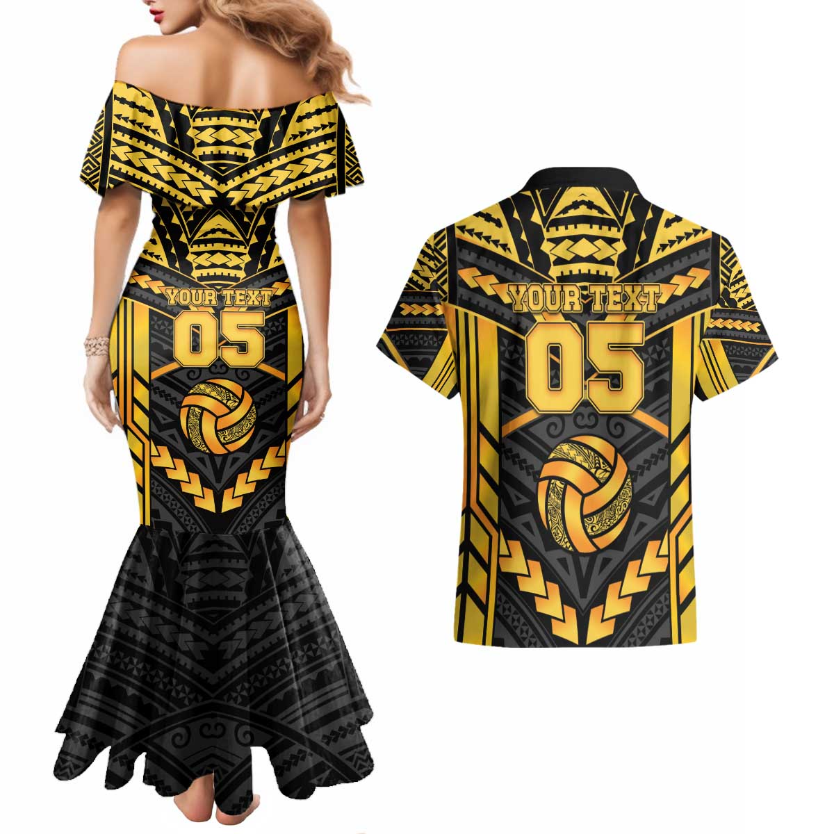 Custom Polynesia Beach Volleyball Couples Matching Mermaid Dress and Hawaiian Shirt Gold Polynesian Tribal Pattern - Polynesian Pride