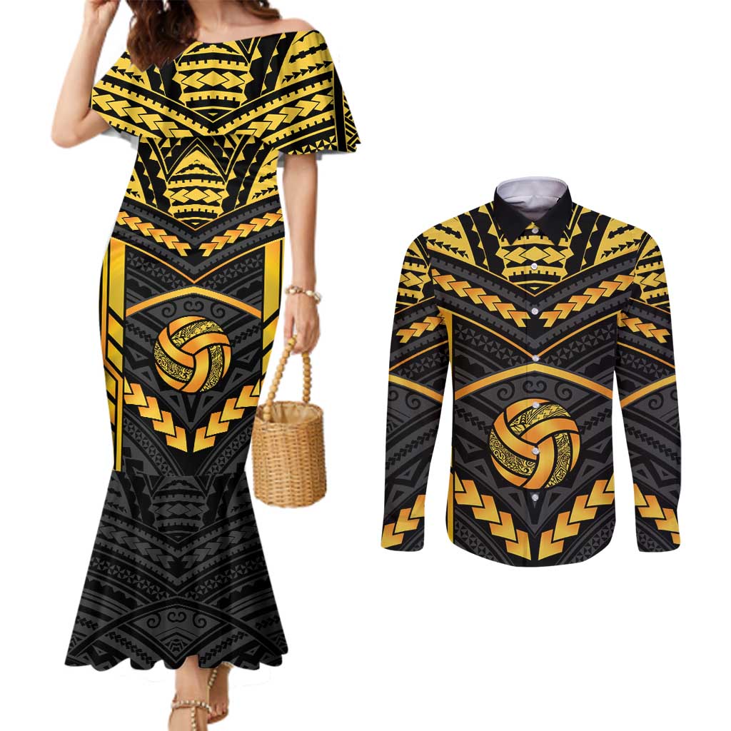 Custom Polynesia Beach Volleyball Couples Matching Mermaid Dress and Long Sleeve Button Shirt Gold Polynesian Tribal Pattern - Polynesian Pride