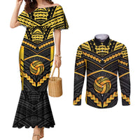 Custom Polynesia Beach Volleyball Couples Matching Mermaid Dress and Long Sleeve Button Shirt Gold Polynesian Tribal Pattern - Polynesian Pride