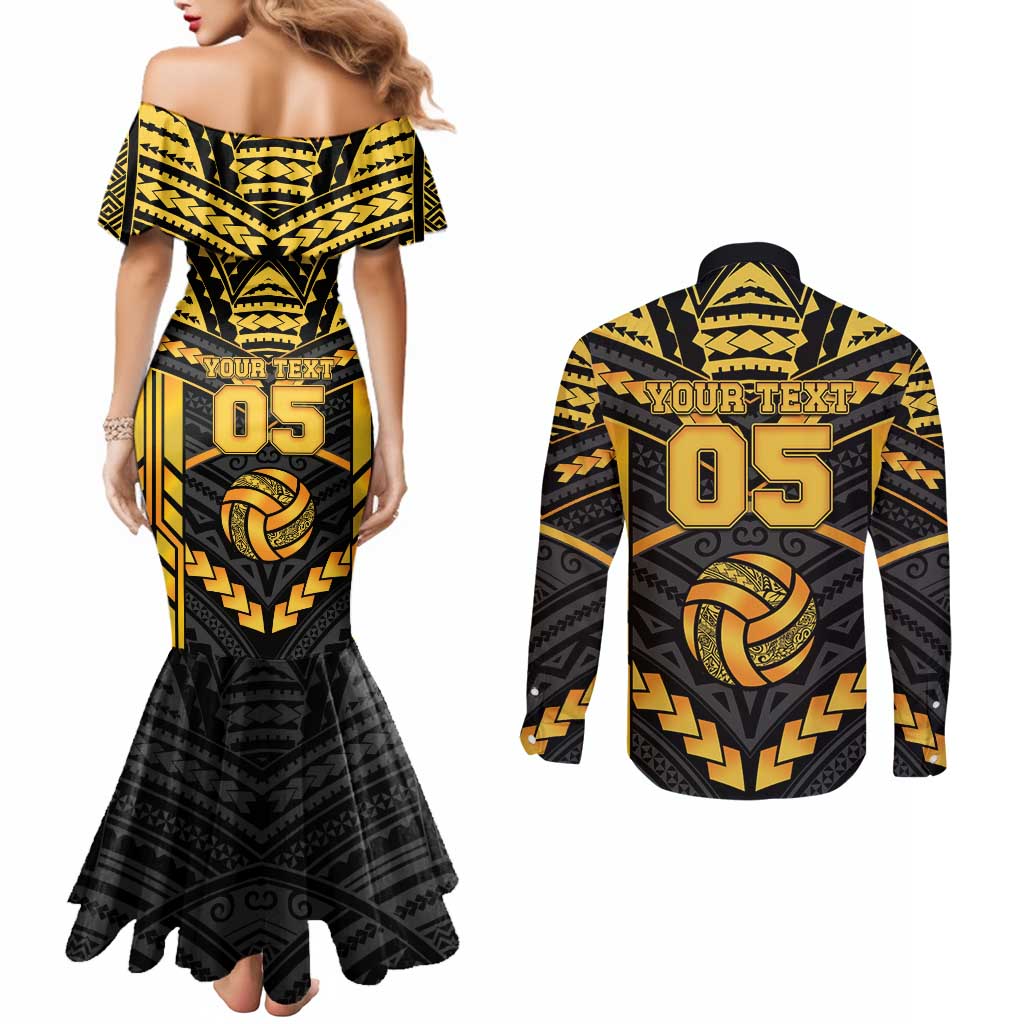 Custom Polynesia Beach Volleyball Couples Matching Mermaid Dress and Long Sleeve Button Shirt Gold Polynesian Tribal Pattern - Polynesian Pride