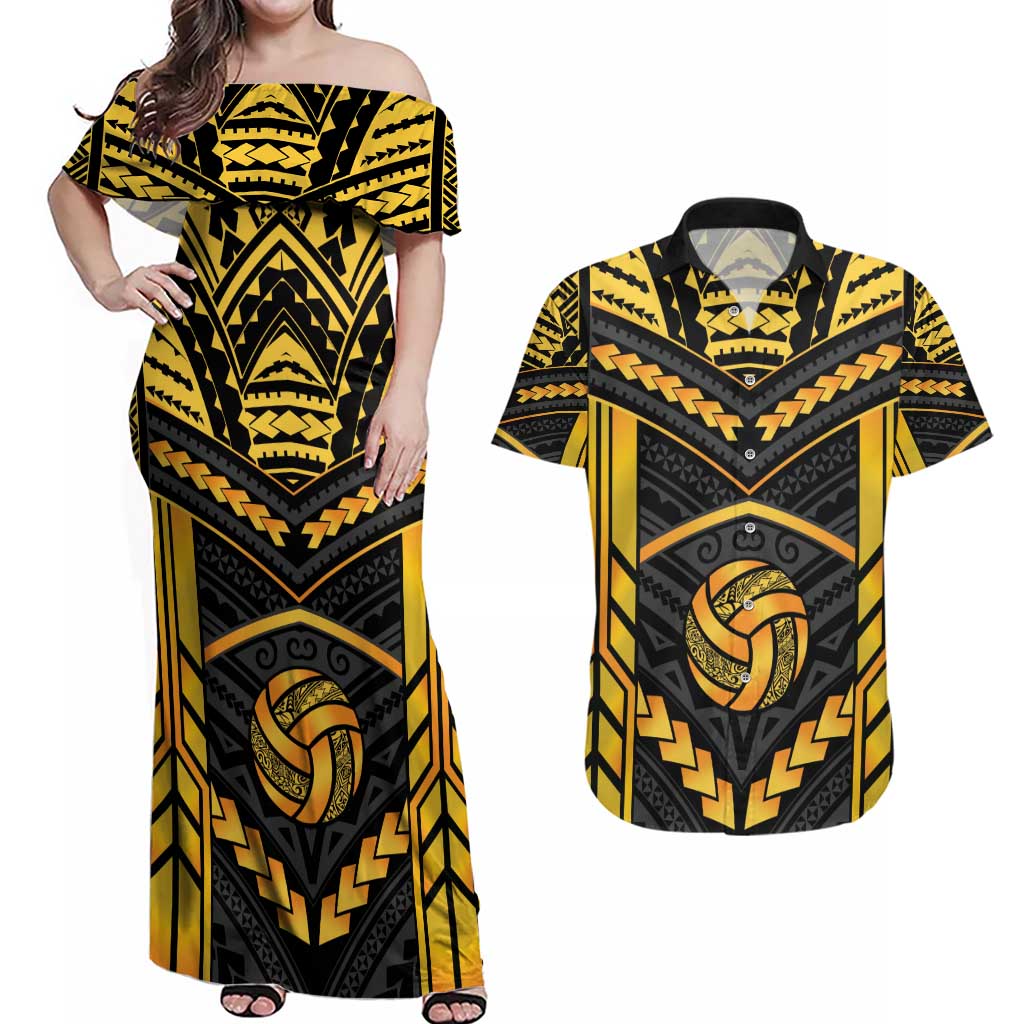 Custom Polynesia Beach Volleyball Couples Matching Off Shoulder Maxi Dress and Hawaiian Shirt Gold Polynesian Tribal Pattern - Polynesian Pride