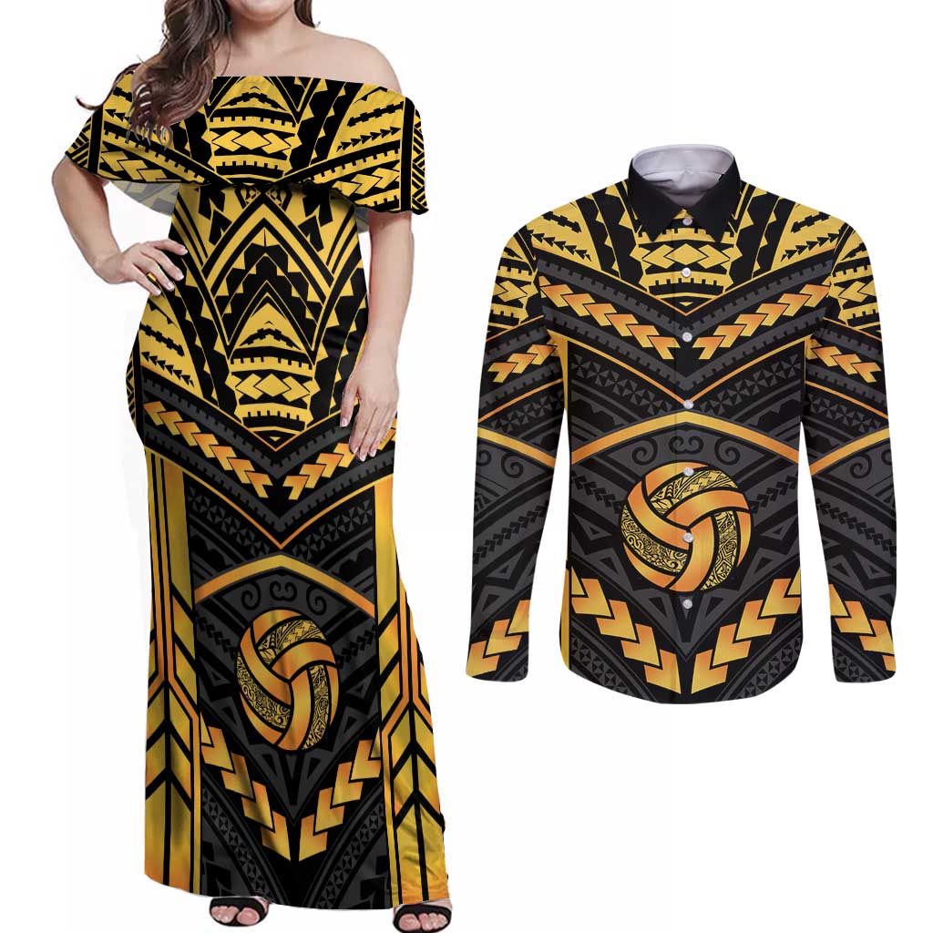 Custom Polynesia Beach Volleyball Couples Matching Off Shoulder Maxi Dress and Long Sleeve Button Shirt Gold Polynesian Tribal Pattern - Polynesian Pride