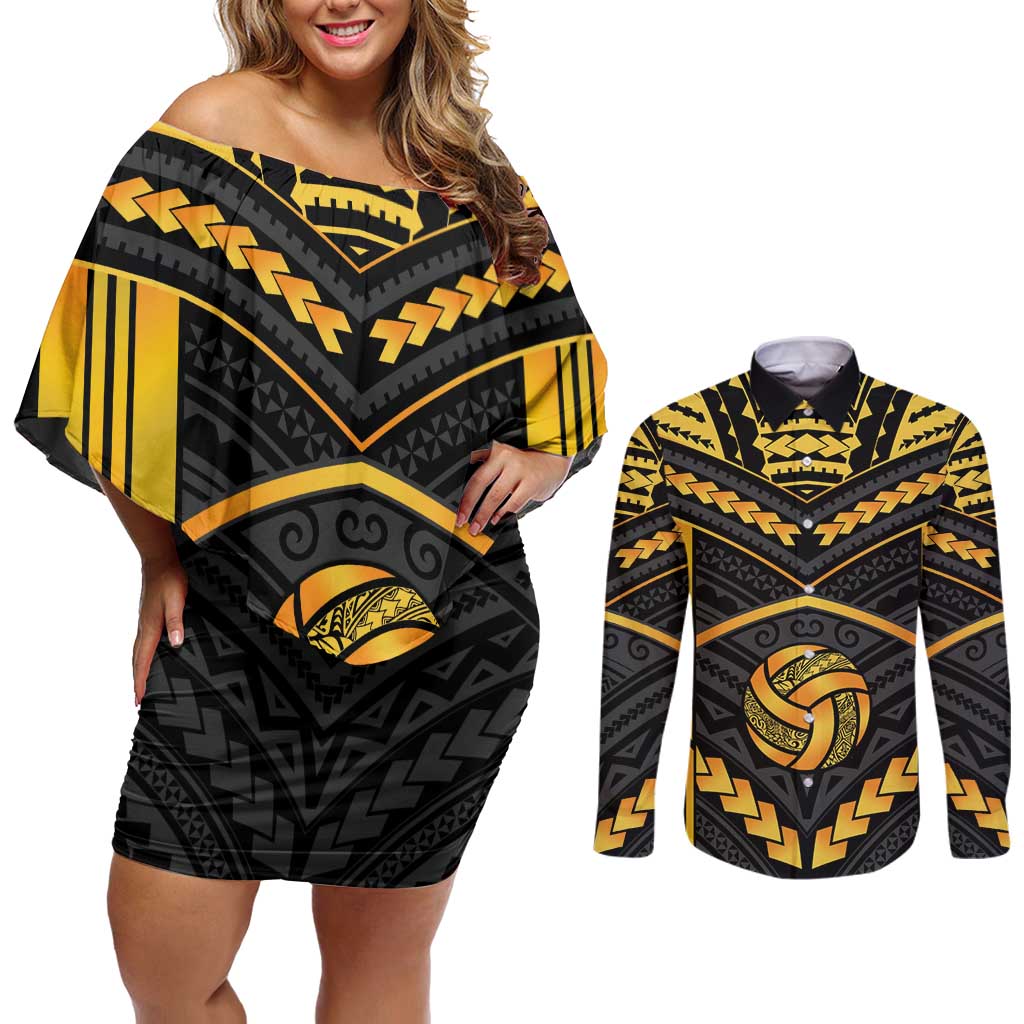 Custom Polynesia Beach Volleyball Couples Matching Off Shoulder Short Dress and Long Sleeve Button Shirt Gold Polynesian Tribal Pattern - Polynesian Pride