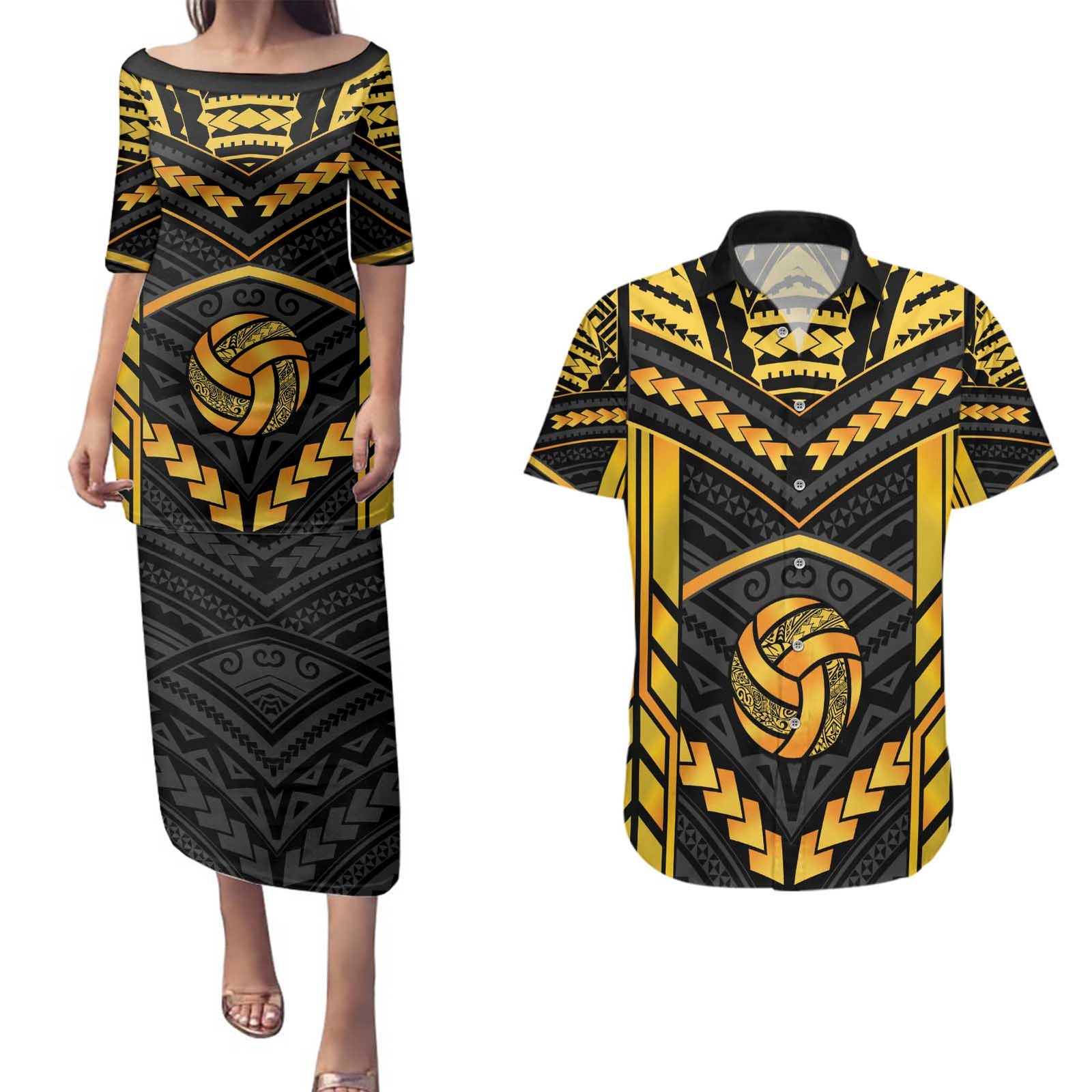 Custom Polynesia Beach Volleyball Couples Matching Puletasi and Hawaiian Shirt Gold Polynesian Tribal Pattern - Polynesian Pride