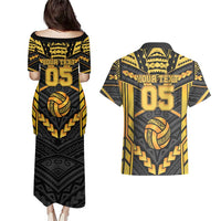 Custom Polynesia Beach Volleyball Couples Matching Puletasi and Hawaiian Shirt Gold Polynesian Tribal Pattern - Polynesian Pride