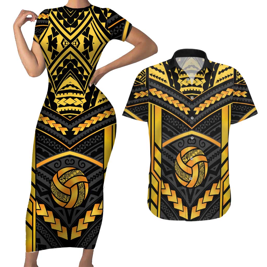 Custom Polynesia Beach Volleyball Couples Matching Short Sleeve Bodycon Dress and Hawaiian Shirt Gold Polynesian Tribal Pattern LT05 Gold - Polynesian Pride