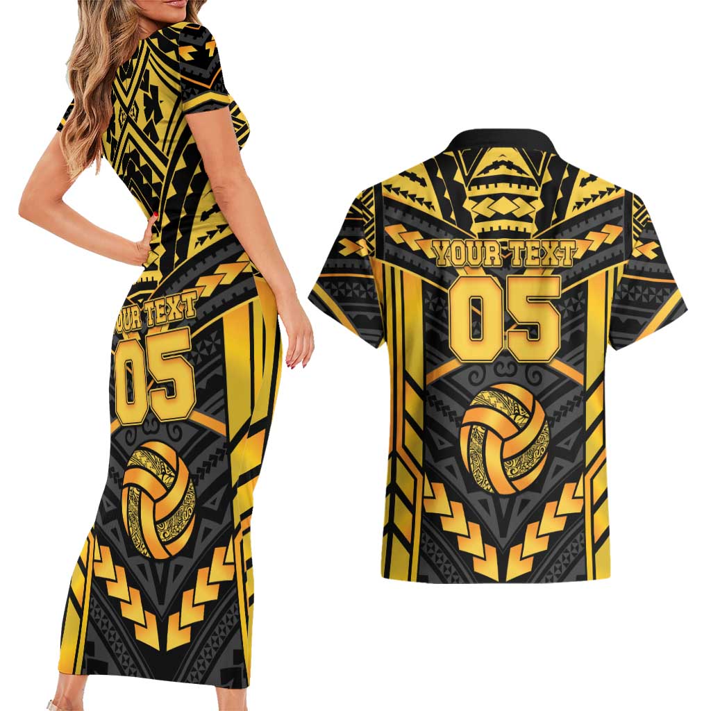 Custom Polynesia Beach Volleyball Couples Matching Short Sleeve Bodycon Dress and Hawaiian Shirt Gold Polynesian Tribal Pattern LT05 - Polynesian Pride