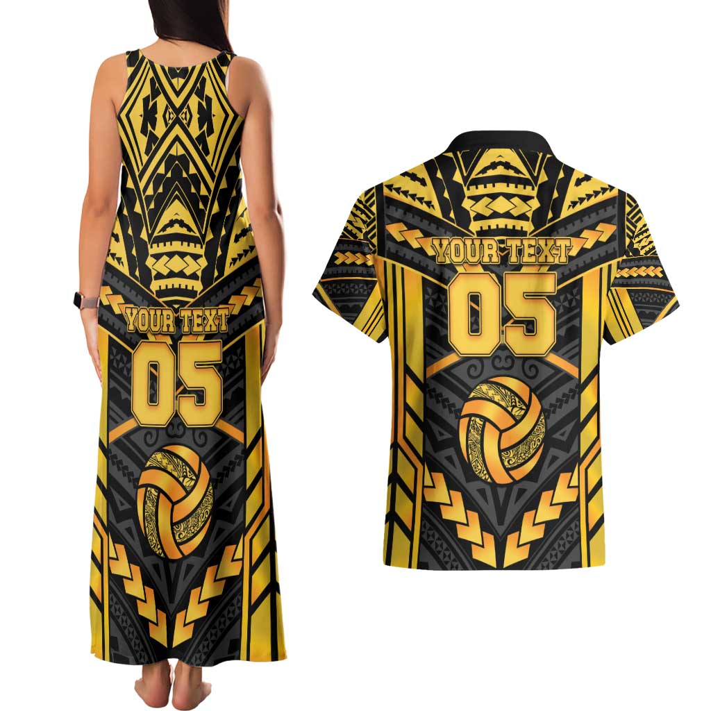 Custom Polynesia Beach Volleyball Couples Matching Tank Maxi Dress and Hawaiian Shirt Gold Polynesian Tribal Pattern - Polynesian Pride