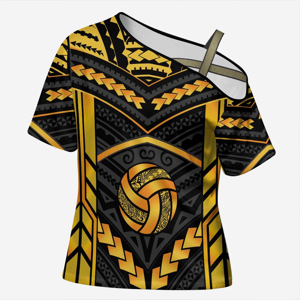 Custom Polynesia Beach Volleyball Cross Shoulder Shirt Gold Polynesian Tribal Pattern - Polynesian Pride