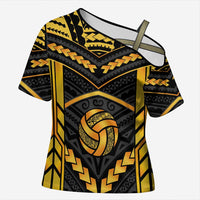 Custom Polynesia Beach Volleyball Cross Shoulder Shirt Gold Polynesian Tribal Pattern - Polynesian Pride
