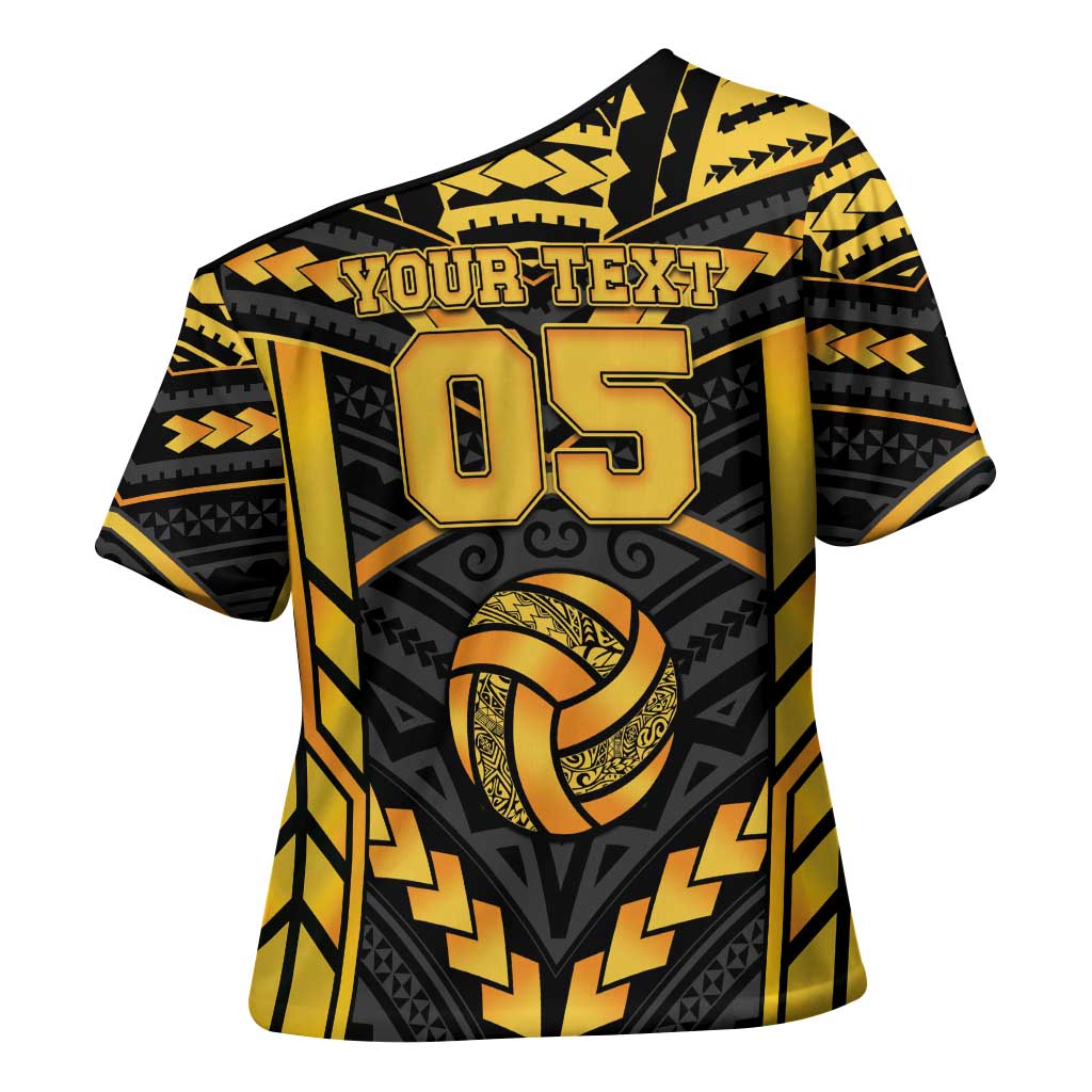 Custom Polynesia Beach Volleyball Cross Shoulder Shirt Gold Polynesian Tribal Pattern - Polynesian Pride