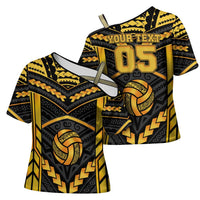Custom Polynesia Beach Volleyball Cross Shoulder Shirt Gold Polynesian Tribal Pattern - Polynesian Pride