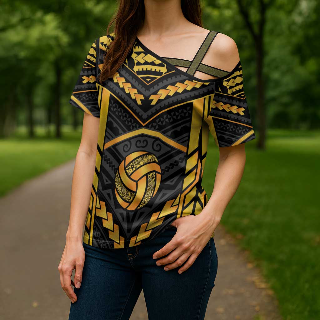 Custom Polynesia Beach Volleyball Cross Shoulder Shirt Gold Polynesian Tribal Pattern - Polynesian Pride
