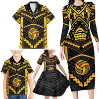 Custom Polynesia Beach Volleyball Family Matching Long Sleeve Bodycon Dress and Hawaiian Shirt Gold Polynesian Tribal Pattern - Polynesian Pride