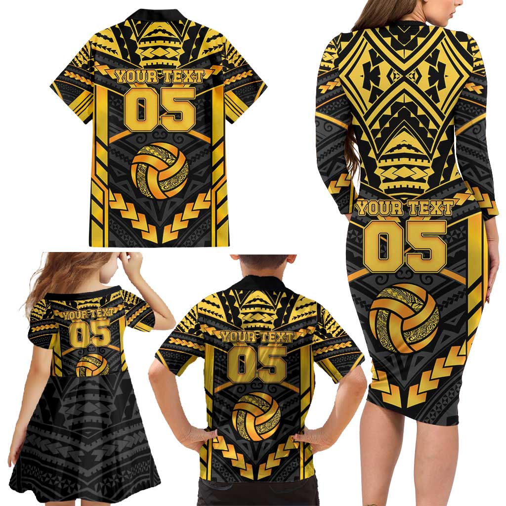 Custom Polynesia Beach Volleyball Family Matching Long Sleeve Bodycon Dress and Hawaiian Shirt Gold Polynesian Tribal Pattern - Polynesian Pride