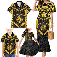 Custom Polynesia Beach Volleyball Family Matching Mermaid Dress and Hawaiian Shirt Gold Polynesian Tribal Pattern - Polynesian Pride