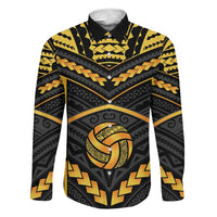 Custom Polynesia Beach Volleyball Family Matching Off The Shoulder Long Sleeve Dress and Hawaiian Shirt Gold Polynesian Tribal Pattern LT05 Dad's Shirt - Long Sleeve Gold - Polynesian Pride