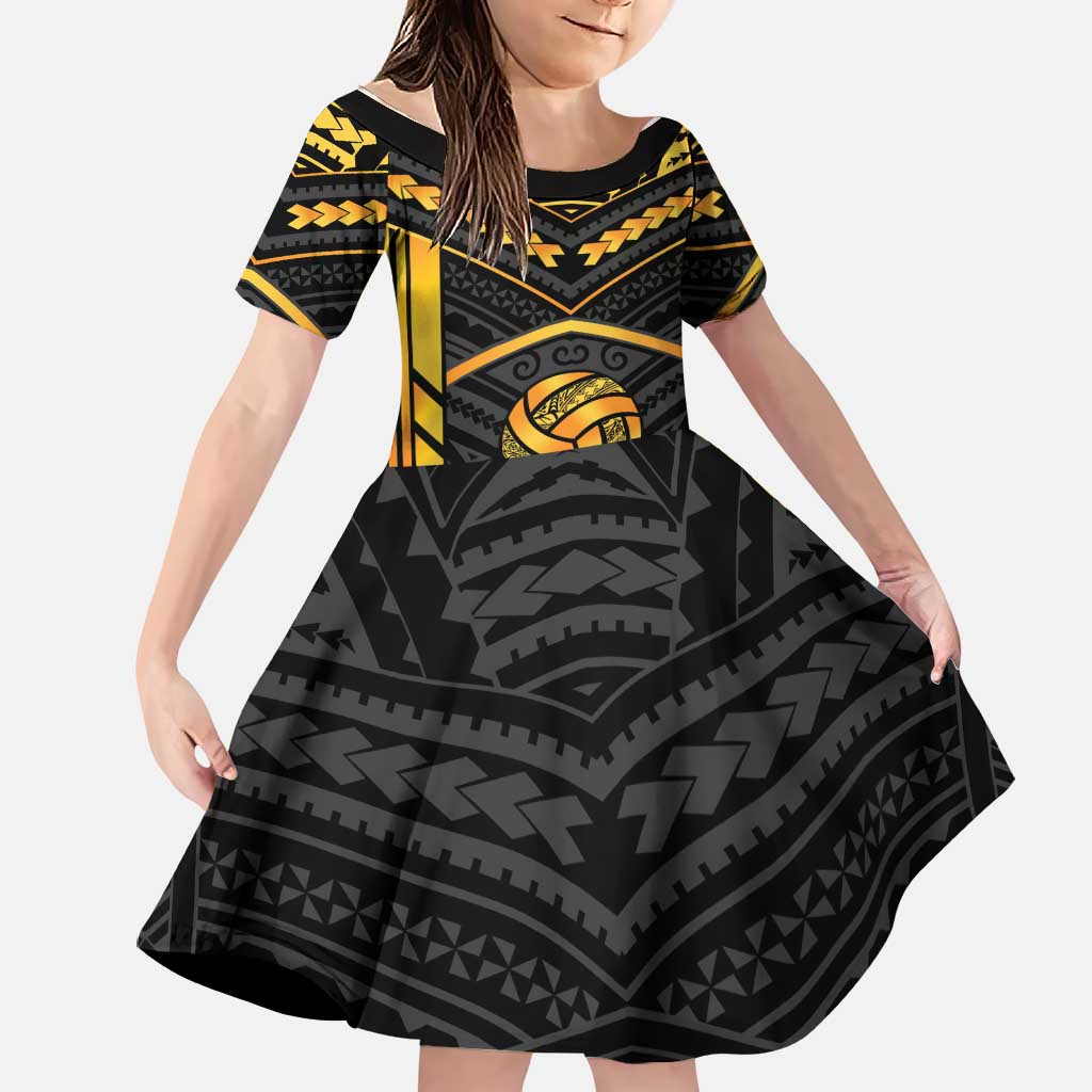 Custom Polynesia Beach Volleyball Family Matching Off Shoulder Maxi Dress and Hawaiian Shirt Gold Polynesian Tribal Pattern LT05 Daughter's Dress Gold - Polynesian Pride