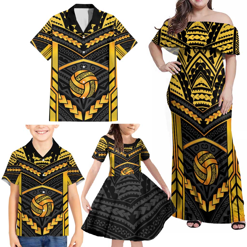 Custom Polynesia Beach Volleyball Family Matching Off Shoulder Maxi Dress and Hawaiian Shirt Gold Polynesian Tribal Pattern - Polynesian Pride
