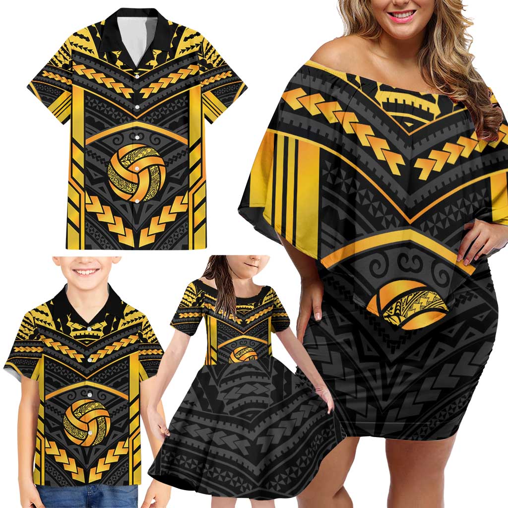 Custom Polynesia Beach Volleyball Family Matching Off Shoulder Short Dress and Hawaiian Shirt Gold Polynesian Tribal Pattern - Polynesian Pride