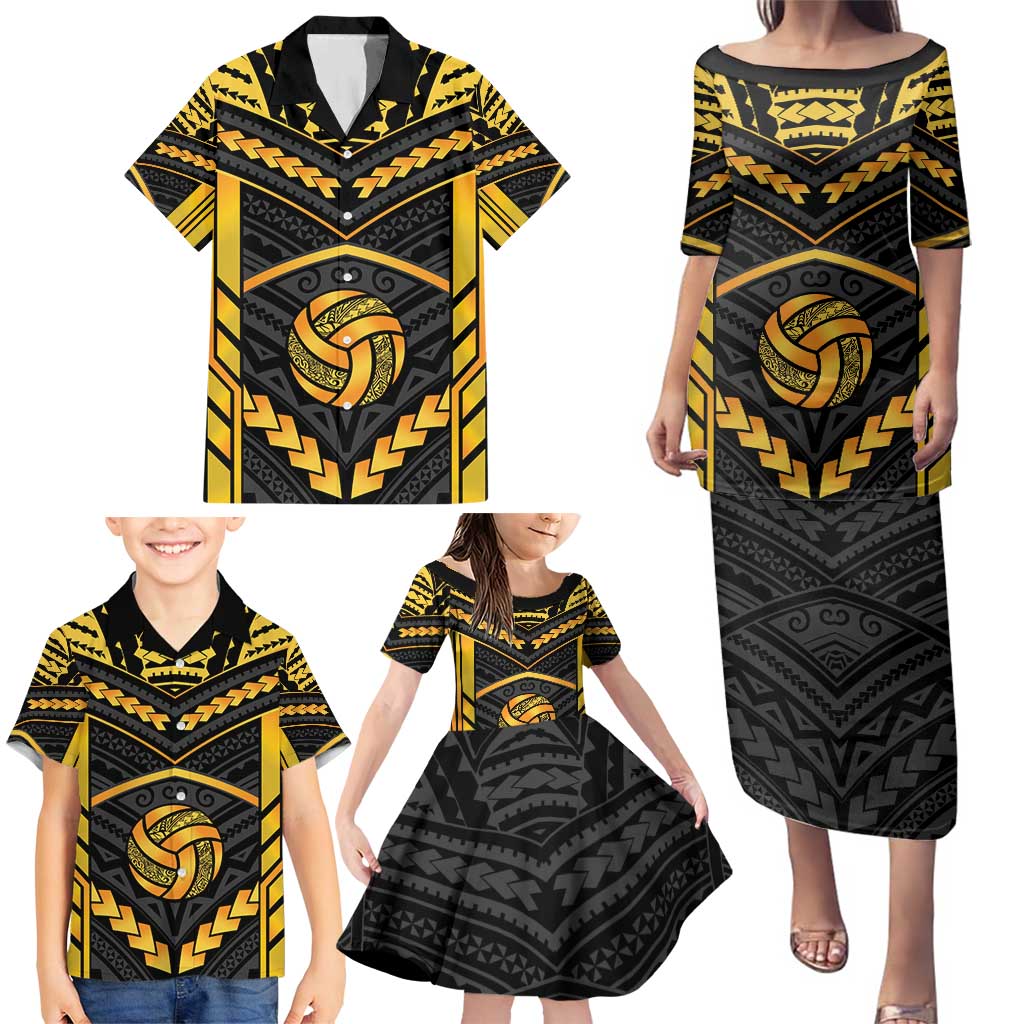 Custom Polynesia Beach Volleyball Family Matching Puletasi and Hawaiian Shirt Gold Polynesian Tribal Pattern - Polynesian Pride