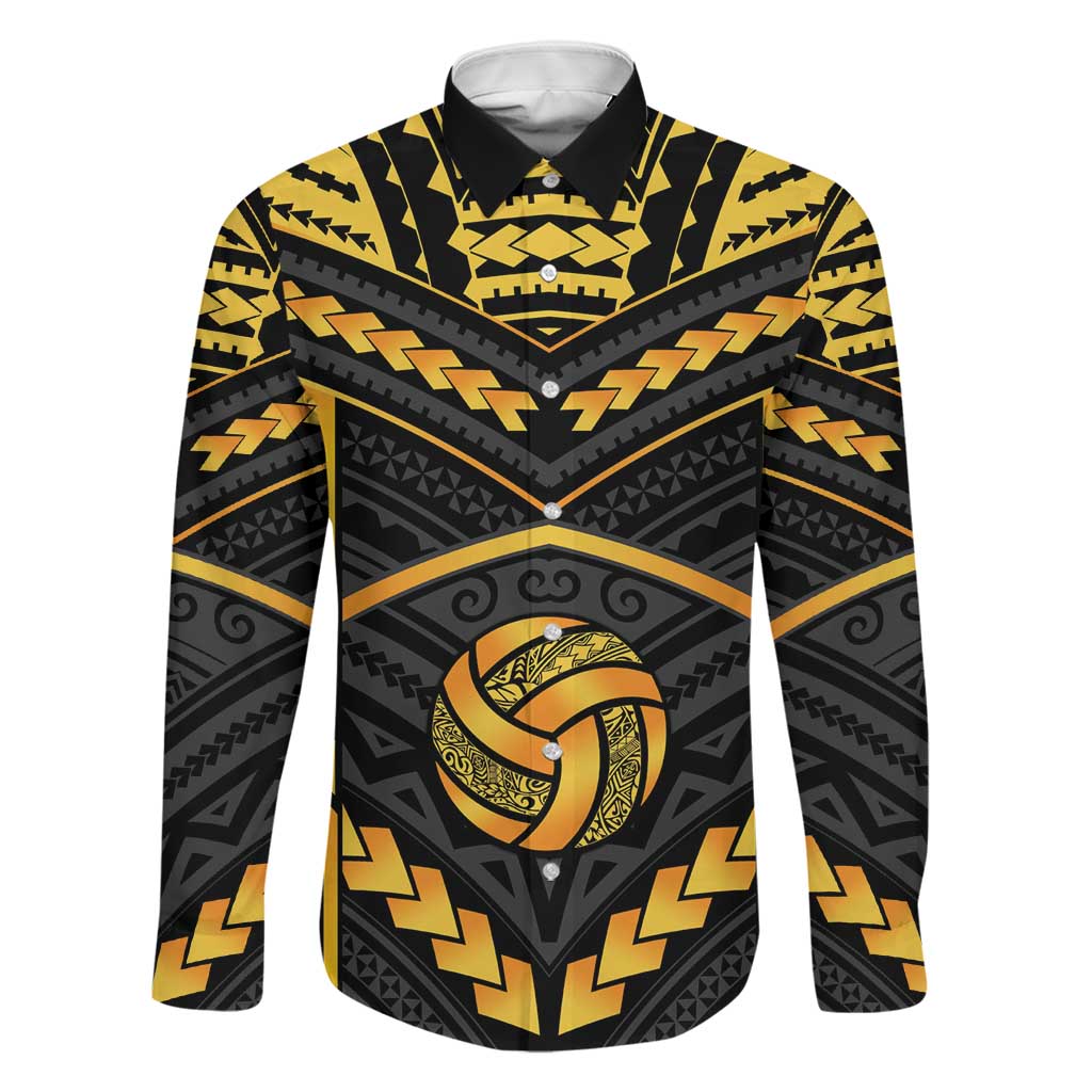 Custom Polynesia Beach Volleyball Family Matching Puletasi and Hawaiian Shirt Gold Polynesian Tribal Pattern LT05 Dad's Shirt - Long Sleeve Gold - Polynesian Pride