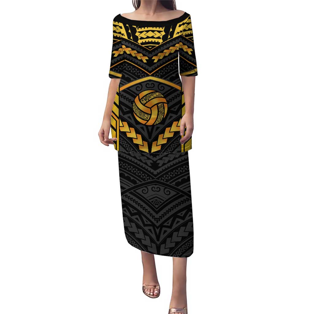 Custom Polynesia Beach Volleyball Family Matching Puletasi and Hawaiian Shirt Gold Polynesian Tribal Pattern LT05 Mom's Dress Gold - Polynesian Pride