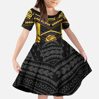 Custom Polynesia Beach Volleyball Kid Short Sleeve Dress Gold Polynesian Tribal Pattern - Polynesian Pride