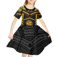 Custom Polynesia Beach Volleyball Kid Short Sleeve Dress Gold Polynesian Tribal Pattern - Polynesian Pride