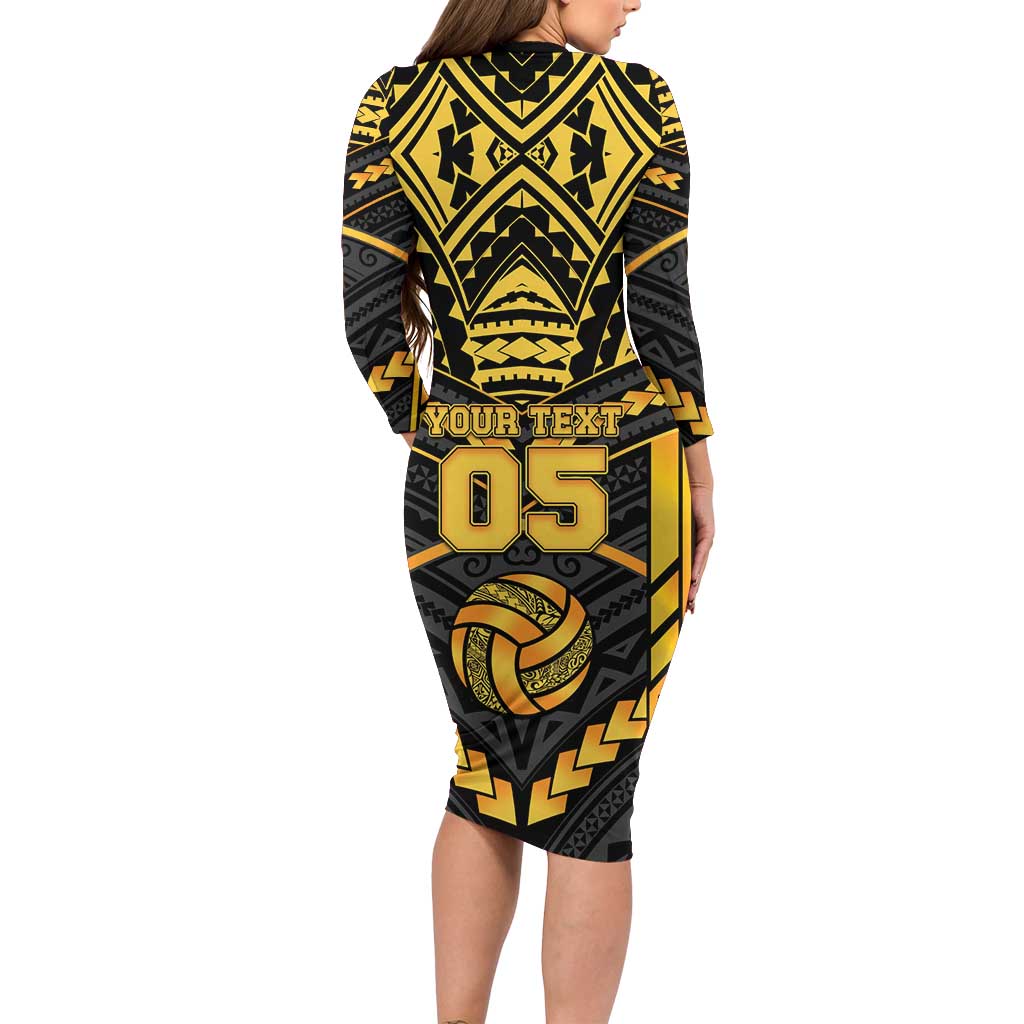 Custom Polynesia Beach Volleyball Long Sleeve Bodycon Dress Gold Polynesian Tribal Pattern LT05 - Polynesian Pride