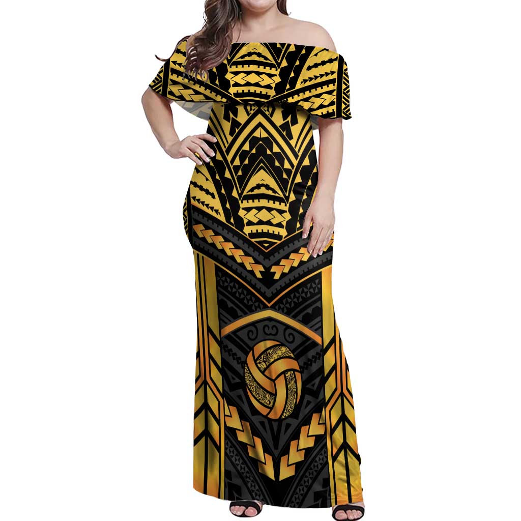 Custom Polynesia Beach Volleyball Off Shoulder Maxi Dress Gold Polynesian Tribal Pattern - Polynesian Pride