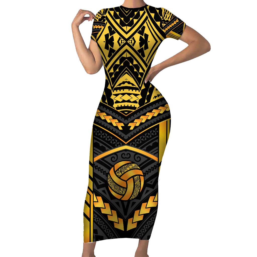 Custom Polynesia Beach Volleyball Short Sleeve Bodycon Dress Gold Polynesian Tribal Pattern - Polynesian Pride