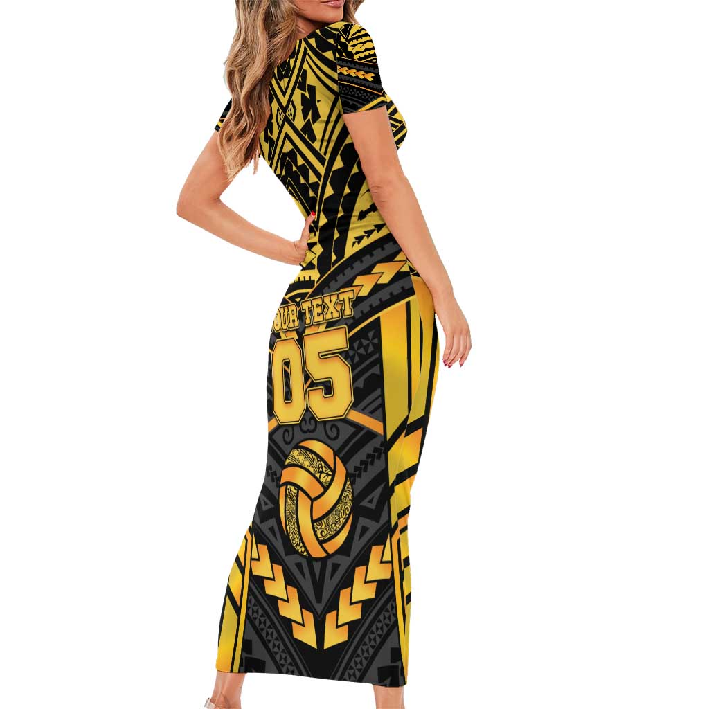 Custom Polynesia Beach Volleyball Short Sleeve Bodycon Dress Gold Polynesian Tribal Pattern - Polynesian Pride