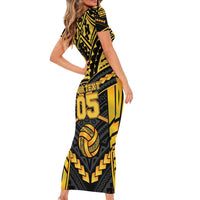 Custom Polynesia Beach Volleyball Short Sleeve Bodycon Dress Gold Polynesian Tribal Pattern - Polynesian Pride