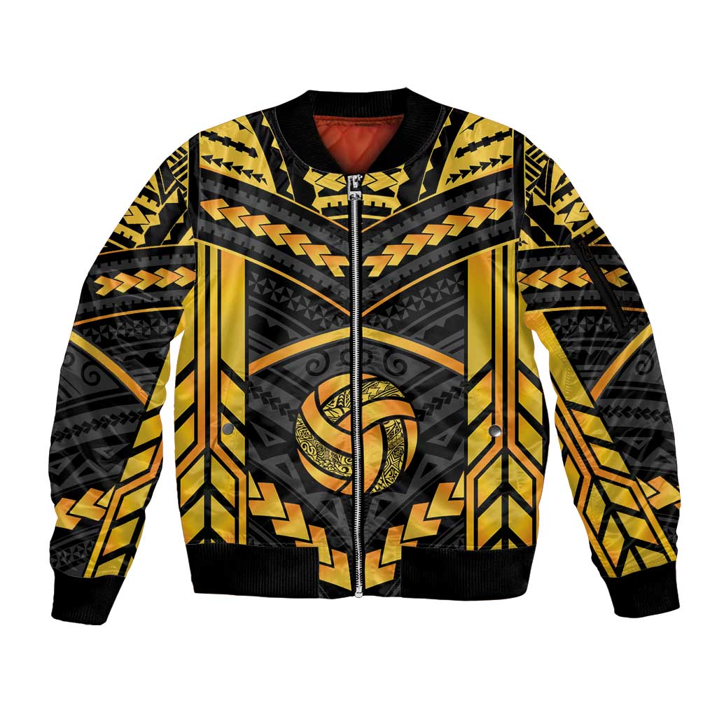 Custom Polynesia Beach Volleyball Sleeve Zip Bomber Jacket Gold Polynesian Tribal Pattern - Polynesian Pride