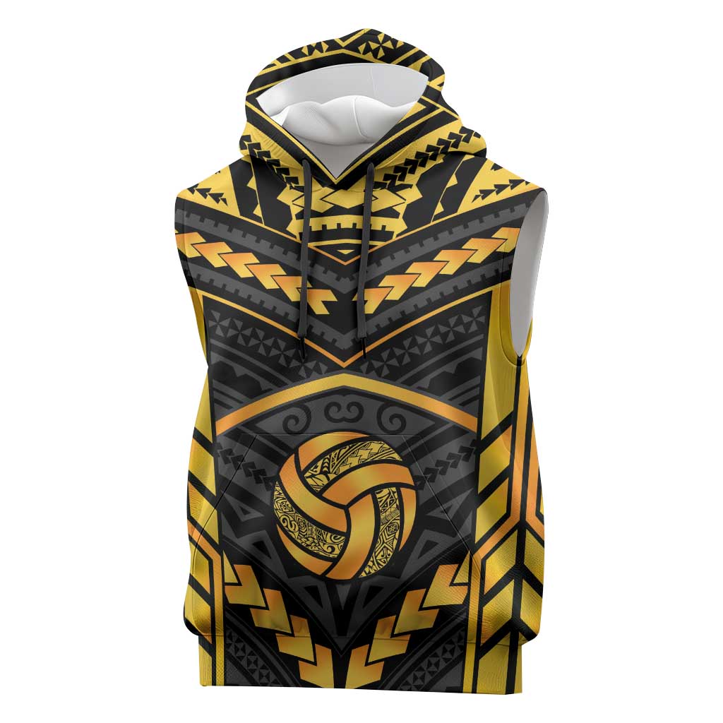 Custom Polynesia Beach Volleyball Sleeveless Hoodie Gold Polynesian Tribal Pattern - Polynesian Pride