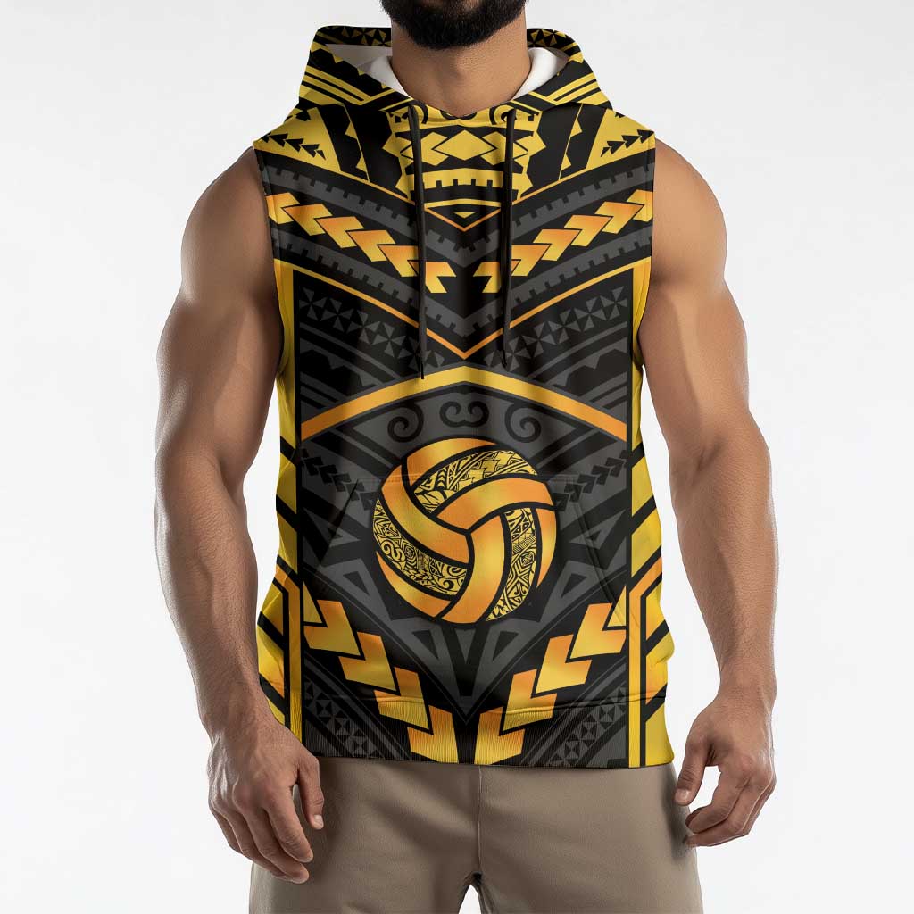 Custom Polynesia Beach Volleyball Sleeveless Hoodie Gold Polynesian Tribal Pattern - Polynesian Pride
