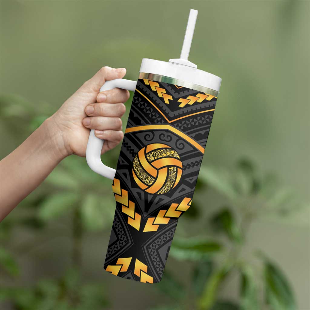 Custom Polynesia Beach Volleyball Tumbler With Handle Gold Polynesian Tribal Pattern - Polynesian Pride