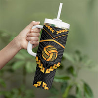 Custom Polynesia Beach Volleyball Tumbler With Handle Gold Polynesian Tribal Pattern - Polynesian Pride
