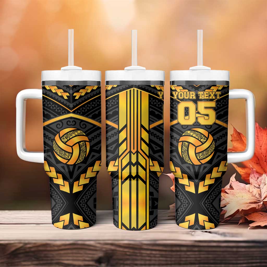 Custom Polynesia Beach Volleyball Tumbler With Handle Gold Polynesian Tribal Pattern - Polynesian Pride