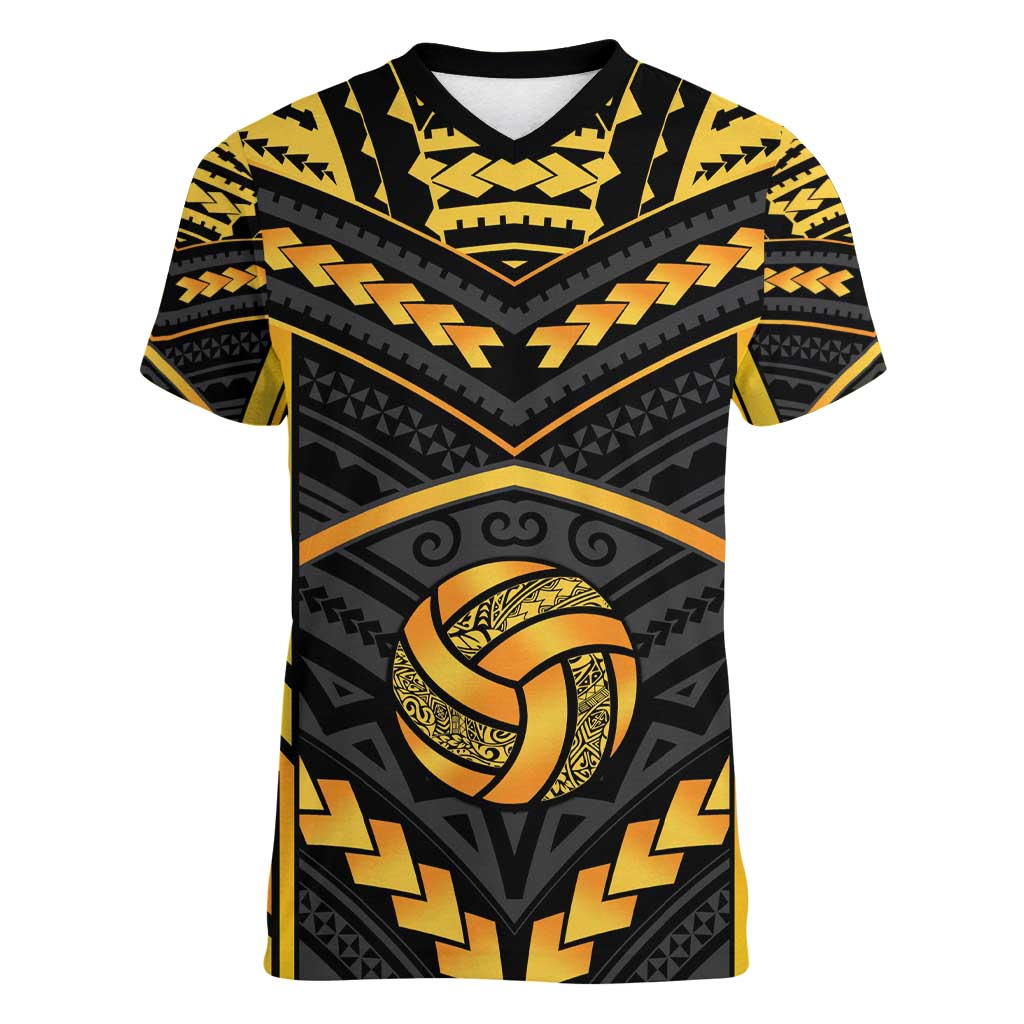 Custom Polynesia Beach Volleyball Women V-Neck T-Shirt Gold Polynesian Tribal Pattern - Polynesian Pride