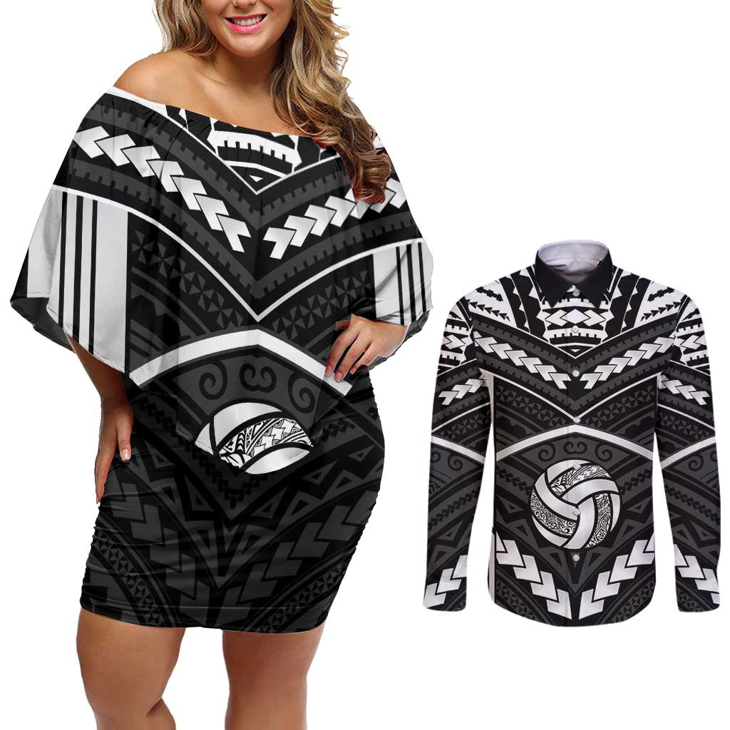 Custom Polynesia Beach Volleyball Couples Matching Off Shoulder Short Dress and Long Sleeve Button Shirt Polynesian Tribal Pattern - Polynesian Pride