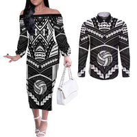 Custom Polynesia Beach Volleyball Couples Matching Off The Shoulder Long Sleeve Dress and Long Sleeve Button Shirt Polynesian Tribal Pattern LT05 Black - Polynesian Pride