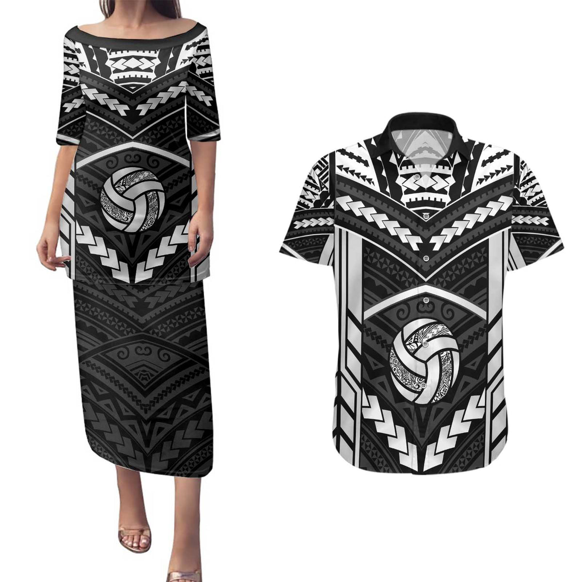 Custom Polynesia Beach Volleyball Couples Matching Puletasi and Hawaiian Shirt Polynesian Tribal Pattern - Polynesian Pride